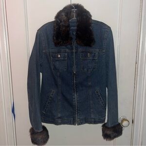 Jones New York Blue Jean Jacket with Faux Fur Trim